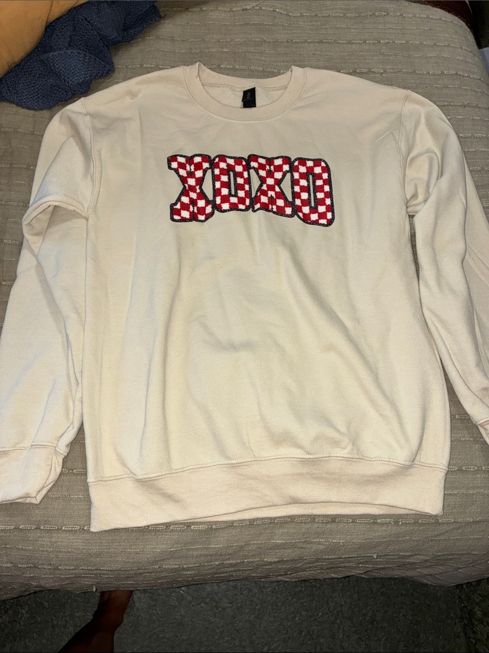 Gildan Cream Crewneck with Red Checkerboard XOXO Graphic